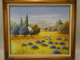 an oil painting of a field of lavenders with a house in the distance