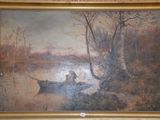 un tableau représentant deux personnes dans un bateau sur l'eau