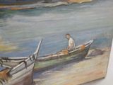 a painting of a man sitting in a boat on the beach
