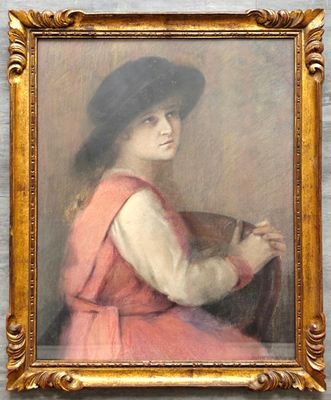 tableau représentant une femme en robe rose et chapeau, assise sur une chaise