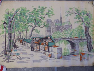 tableau représentant une scène de rue avec un pont et une église en arrière-plan
