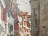 an oil painting of a street scene with buildings and a person walking down the street