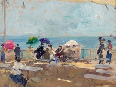 a painting of a group of people with umbrellas on the beach