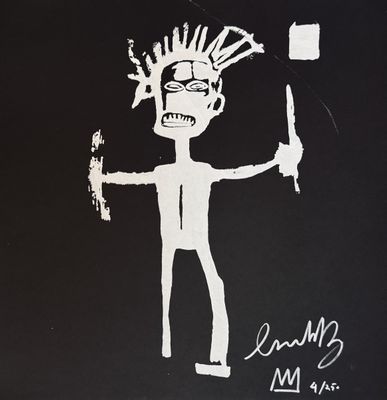 a black and white drawing of a man holding a knife
