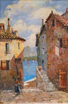 an oil painting of a woman walking down a street next to a body of water