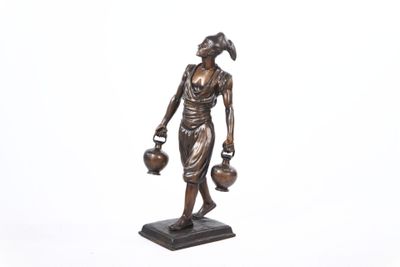 bronze statue of a woman holding two water jugs on a marble base