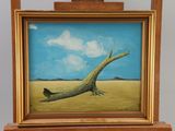an oil painting of a dead tree in a field with a blue sky in the background