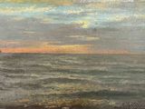 une peinture à l'huile représentant un coucher de soleil sur l'océan, avec un phare au loin