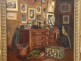 painting of a painting of a woman in a room with a dresser and a suitcase
