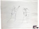 a drawing of a man and a woman on a horse