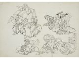 four sketches of figures in oriental clothing, including a woman and a man