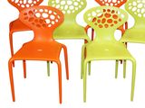 several chairs are arranged in a circle with holes on the back