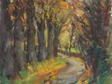 une peinture à l'huile représentant une route dans les bois, bordée d'arbres