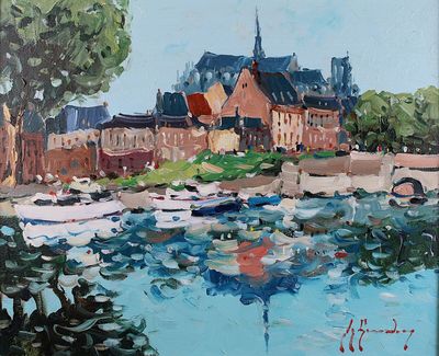 tableau représentant un tableau de bateaux dans un port, avec une église en arrière-plan