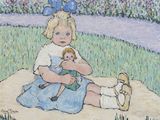 un tableau représentant une petite fille assise sur une couverture, tenant une poupée dans ses bras