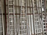 de nombreuses échelles appuyées contre le mur d'un immeuble
