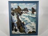 painting of a rocky coast with waves crashing against the rocks