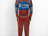 a sculpture of a man in a red and blue suit
