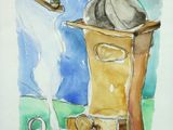 painting of a coffee grinder with a cup of coffee next to it