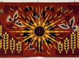 une image représentant une tapisserie rouge ornée d'oiseaux et de blé