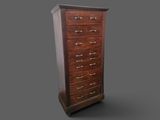 a wooden chest of drawers on a gray background