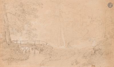 un dessin représentant un pont enjambant un ruisseau dans une zone boisée