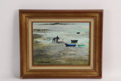 une photo d'un tableau représentant un homme et un bateau sur la plage
