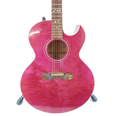 an image of a pink guitar on a stand on a white background