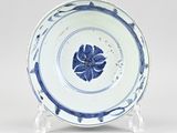 blue and white plate with a flower design on the rim