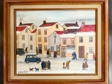 tableau représentant une scène de rue avec des personnes, des voitures et une voiture