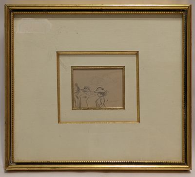 framed drawing of a horse and rider in a landscape with trees