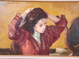 a painting of a young girl combing her hair