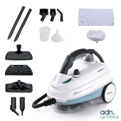 a white and blue steam iron and cleaning supplies