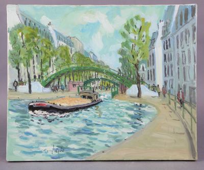 un tableau représentant un bateau passant sous un pont