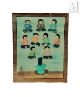 tableau représentant un groupe de personnes assises en position du lotus