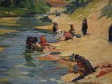 a painting of people on the beach by the water