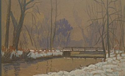tableau représentant un paysage enneigé avec un pont en bois au premier plan