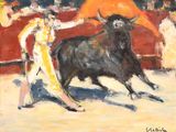 une peinture à l'huile représentant un taureau et un homme dans une arène