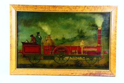 a picture of a painting of a man on a train