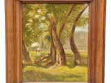 une peinture à l'huile représentant des arbres dans une zone boisée