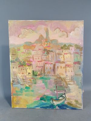 une peinture à l'huile représentant des bateaux dans un port avec des bâtiments à l'arrière-plan