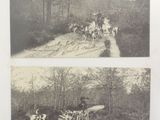 two black and white photos of horses and riders on a dirt road