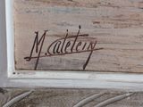 a close up of a painting of a sign on a wall