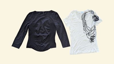 two women ' s tops and necklaces on a yellow background