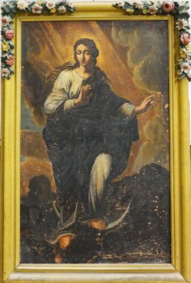 tableau représentant une femme tenant une colombe, dans un cadre jaune