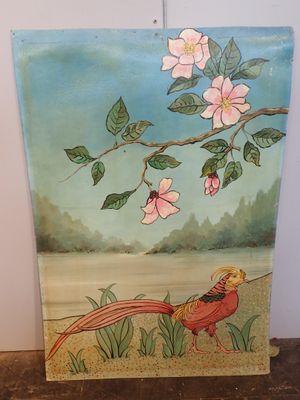 une photo d'un tableau représentant un faisan et des fleurs