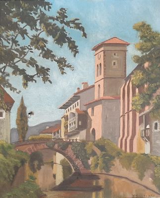 une peinture représentant un pont enjambant une rivière, avec un bâtiment en arrière-plan