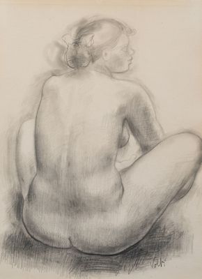 un dessin représentant une femme assise par terre, de dos par rapport à la caméra