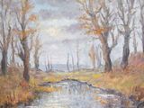 une peinture à l'huile représentant un ruisseau traversant un champ, avec des arbres en arrière-plan