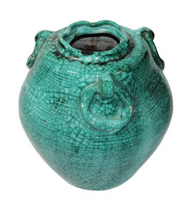 VASE boule en faïence à couverte craquelée turquoise, col on…